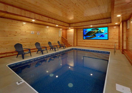 Indoor Pool Cabin With Theater Room Fire Pit Game Room In